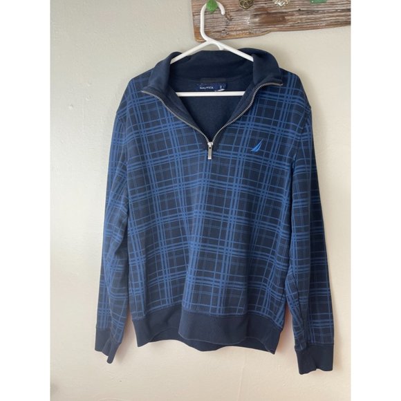 Men's Large Nautica Sweater Cotton Poly Blend 1/4 Zip Blue Plaid L/S Pullover - Picture 1 of 5